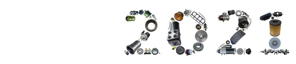Nummer 2021 Geschreven Met Vrachtwagen Tractoren Auto Reserveonderdelen Nieuwjaar Concept — Stockfoto