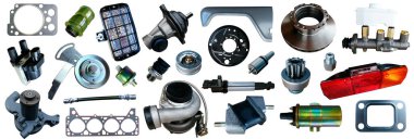 Beyaz arka planda yedek parça arabası var. Mağaza veya sonraki pazar için pek çok izole öge ile ayarla