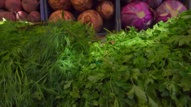 Bellamente escaparate en el mercado de verduras — Vídeo de stock