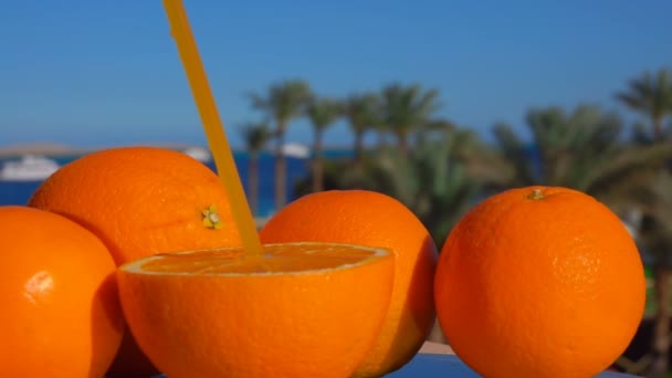 Naranja jugosa madura grande con una paja — Vídeo de stock