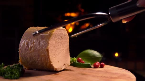 Couteau spécial coupe une tranche de foie gras — Video