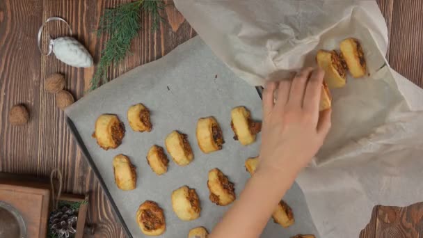 Top view on hand takes Italian Fig Cookies — Stock Video