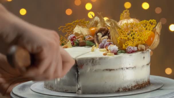 La mano con un coltello taglia una fetta di torta di carote — Video Stock