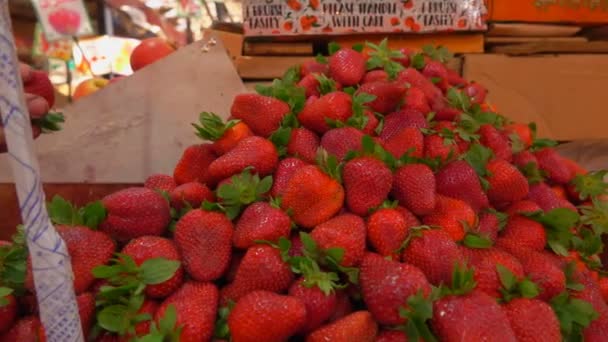 Verkoper zet een verse aardbeien in een showcase — Stockvideo