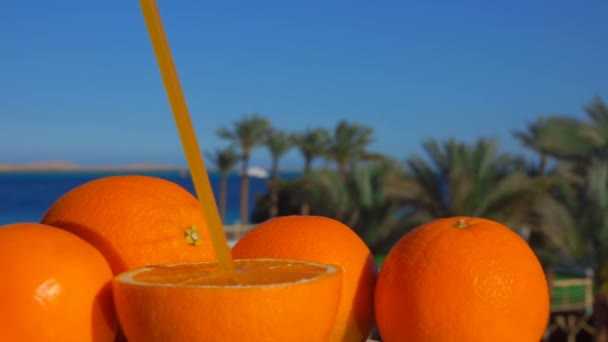 Grote Rijpe Sappige Oranje Met Een Rietje Tegen Achtergrond Van — Stockvideo