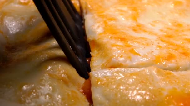 Super-Nahaufnahme ein Stück der köstlichen Lasagne — Stockvideo