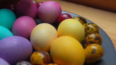 Kadının el koydu kırmızı ve yeşil renkli Bıldırcın yumurta