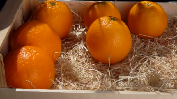 Mão coloca laranja suculenta madura em uma caixa de madeira — Vídeo de Stock