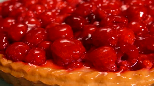 Gros plan de Tarte aux framboises recouverte de gelée — Video