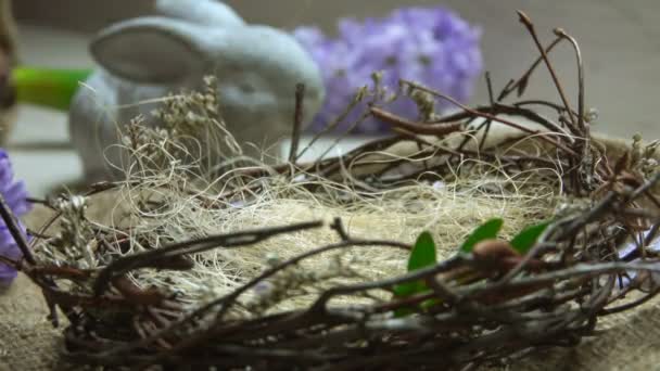 La mano femenina pone ramitas de sisal y verde en el nido de Pascua . — Vídeos de Stock