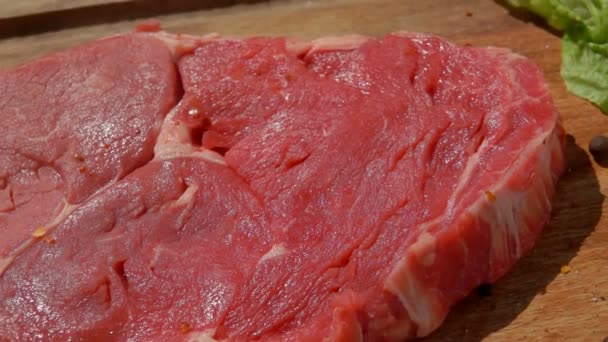 Gewürz, das in Zeitlupe Nahaufnahme auf ein Steak fällt — Stockvideo