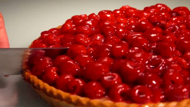 Gastvrouw snijdt een stuk van raspberry gelei taart — Stockvideo