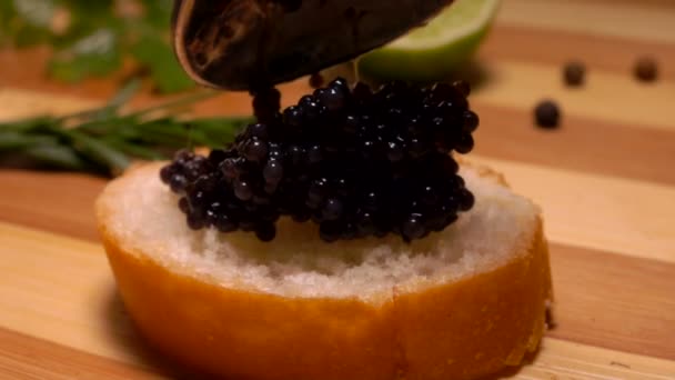 Caviar preto cai sobre um pedaço de pão branco — Vídeo de Stock