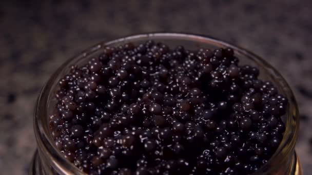 Il cucchiaio prende il caviale nero da un vaso di vetro . — Video Stock