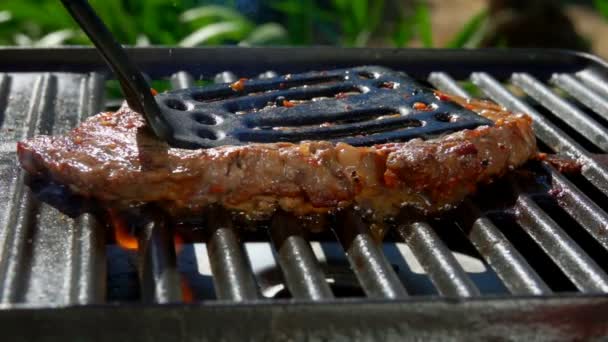 Kitchen spatula pressed pork steak to the grill — Stock Video