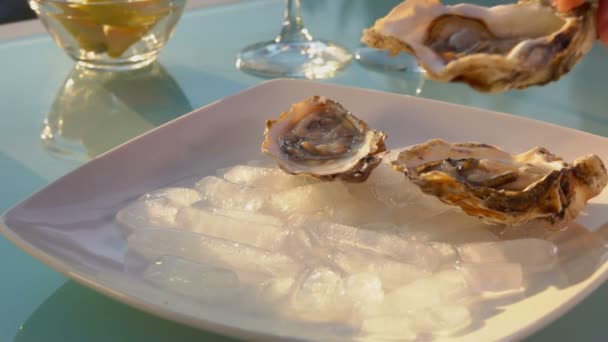 Main féminine met huître ouverte sur une assiette avec de la glace . — Video