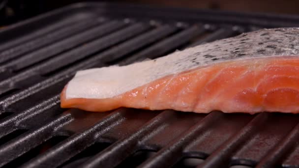 El humo se eleva por encima del salmón en la parrilla . — Vídeo de stock