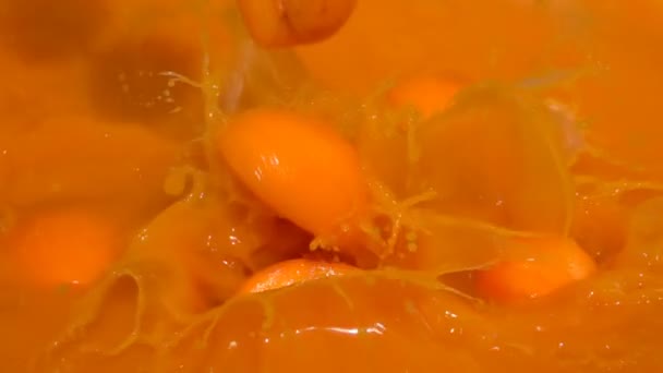 Половинки спелых абрикосов попадают в сок — стоковое видео