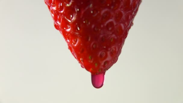 Drop of water dripping from the tip of strawberry — Stock Video