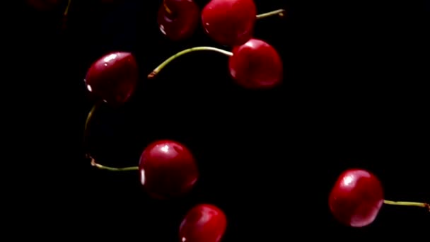 Солнечные лучи светят сквозь ягоды сладкой вишни — стоковое видео