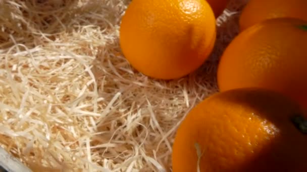 Panorama on juicy oranges lie in a wooden box — Stock Video