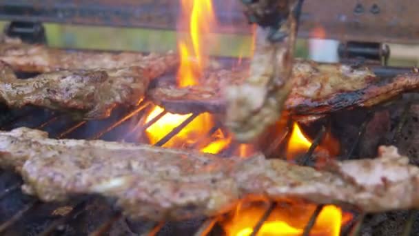 El filete de la pierna de cordero se da vuelta en una parrilla — Vídeos de Stock