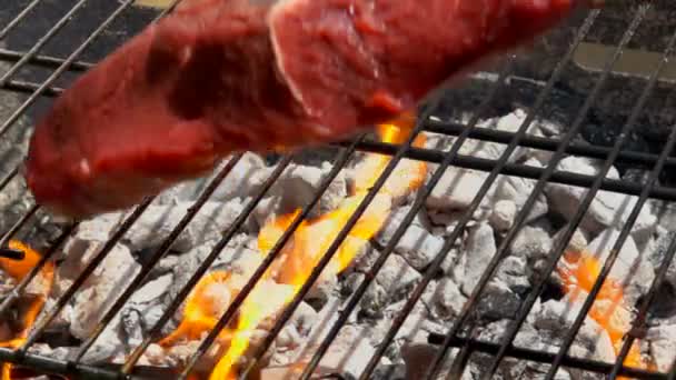 Koch legt Steak mit Zange auf den Grillrost — Stockvideo