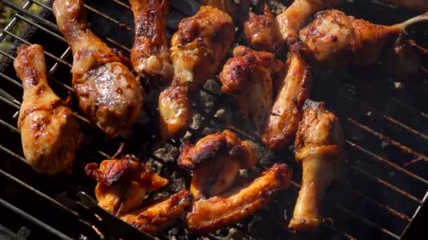 Chicken legs and wings roasted on the grill — Stock Video