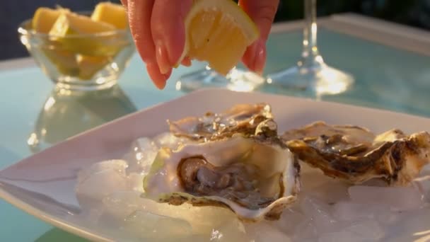 Hand pressar saft från citron till öppna ostron — Stockvideo