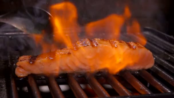Filete de salmón a la parrilla en un fuego abierto . — Vídeos de Stock