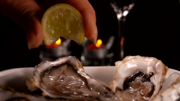 Zitronensaft tropft auf frische Austern — Stockvideo
