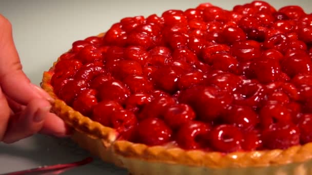 Hôtesse coupe et ramasse une tranche de tarte à la gelée — Video