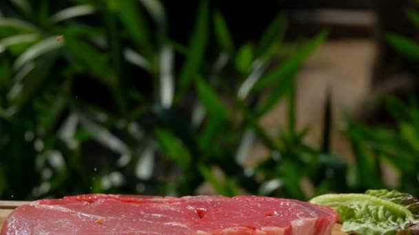 Specerijen valt op varkensvlees biefstuk op een houten bord — Stockvideo