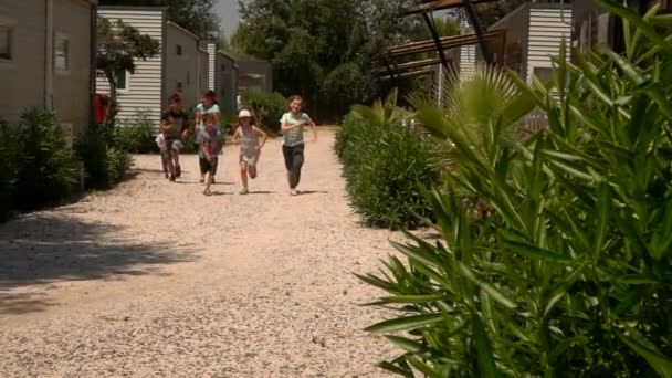 Niños alegres corren por el camino — Vídeos de Stock