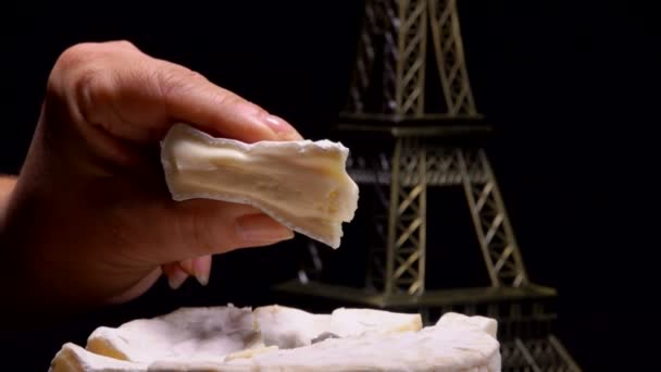 Fingers squeeze a slice of soft French cheese — Stock Video