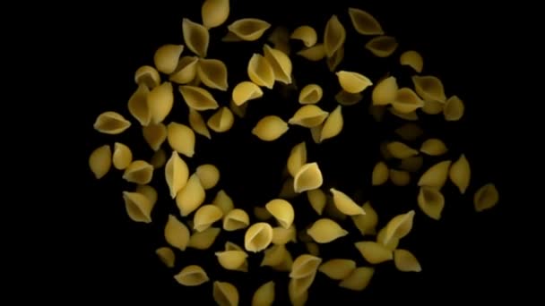 Pasta Conchiglie rigate stuiteren tegen naar de camera — Stockvideo