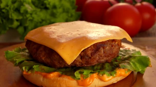 Sice de tomate cai sobre o hambúrguer — Vídeo de Stock