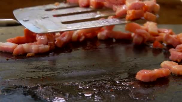 Metall spatel vänder den tärnade baconen på grillen — Stockvideo