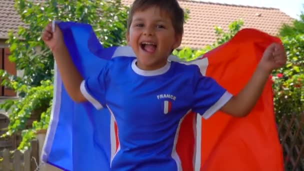 Menino alegre pulando com uma bandeira francesa em suas mãos — Vídeo de Stock
