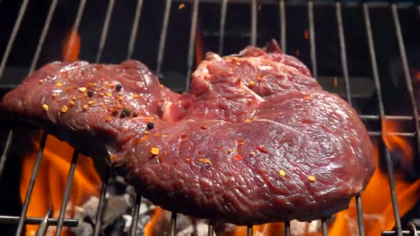 La mescolanza di spezie cade su una bistecca di vitello su una griglia — Video Stock