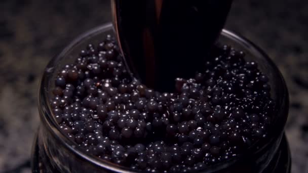 Spoon takes black caviar from a glass jar. — Stock Video