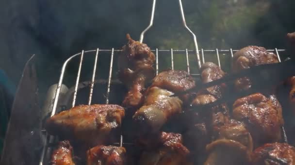 Hühnerkeulen in Großaufnahme auf dem Grill gebraten — Stockvideo