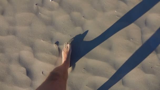 Mannelijke voeten lopen langs het zand — Stockvideo