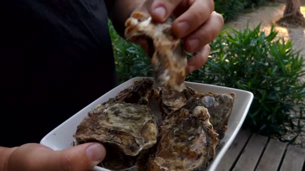 Man picks an oyster on a white plate — Stock Video