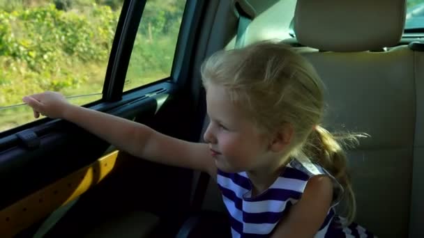 Klein blond meisje rijden in de auto — Stockvideo