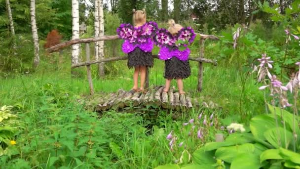 Девушки в костюмах бабочек играют на мосту — стоковое видео