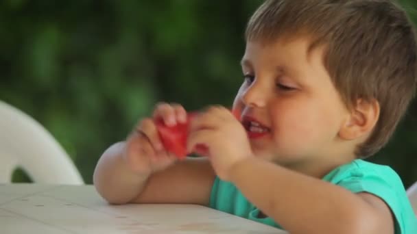 Kleine schattige jongen eet sappige watermeloen met plezier — Stockvideo