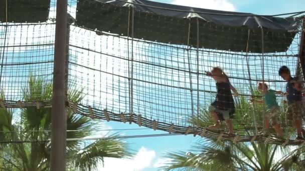 Дети ходят по подвесному мосту на высоте — стоковое видео