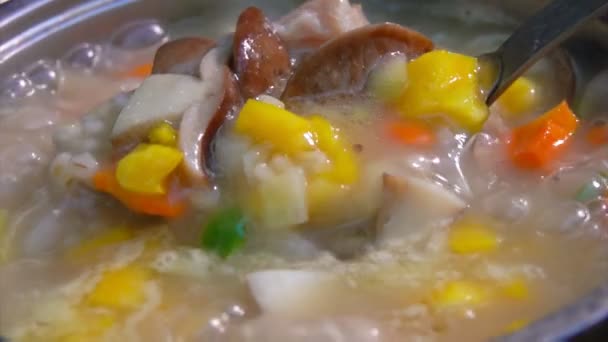 Gros plan sur la soupe aux champignons bouillante dans une casserole — Video