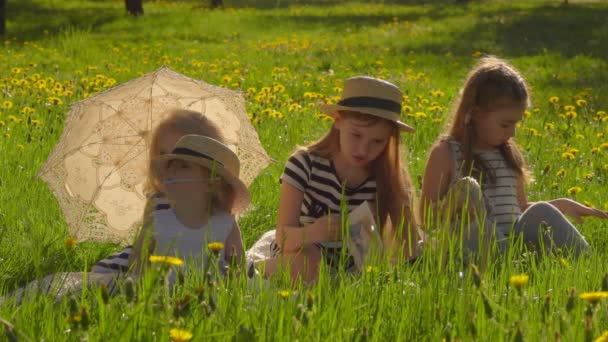 Four girls are sitting in the garden and reading — Stock Video